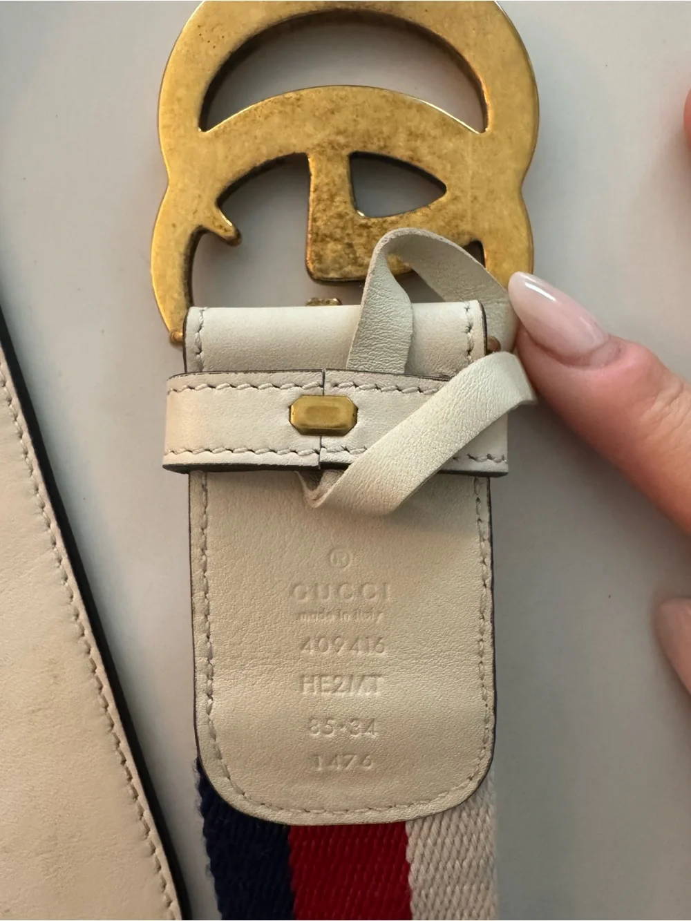 Gucci Cream Leather Belt with Red & Navy Web Stripe and Gold GG Buckle